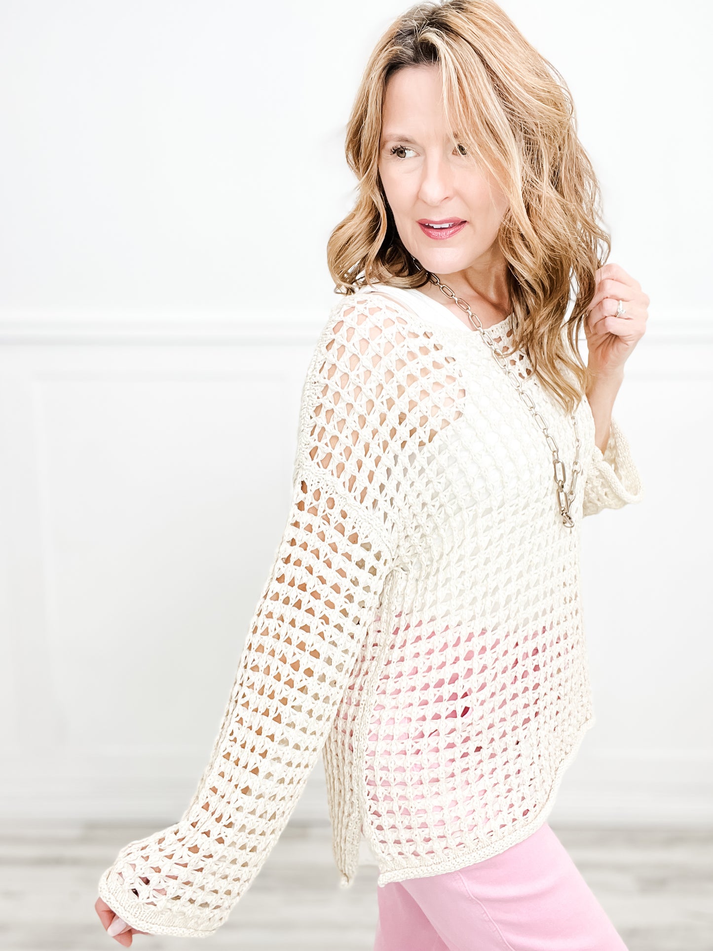 Dance The Night Oversized Sheer Crochet Pullover Top