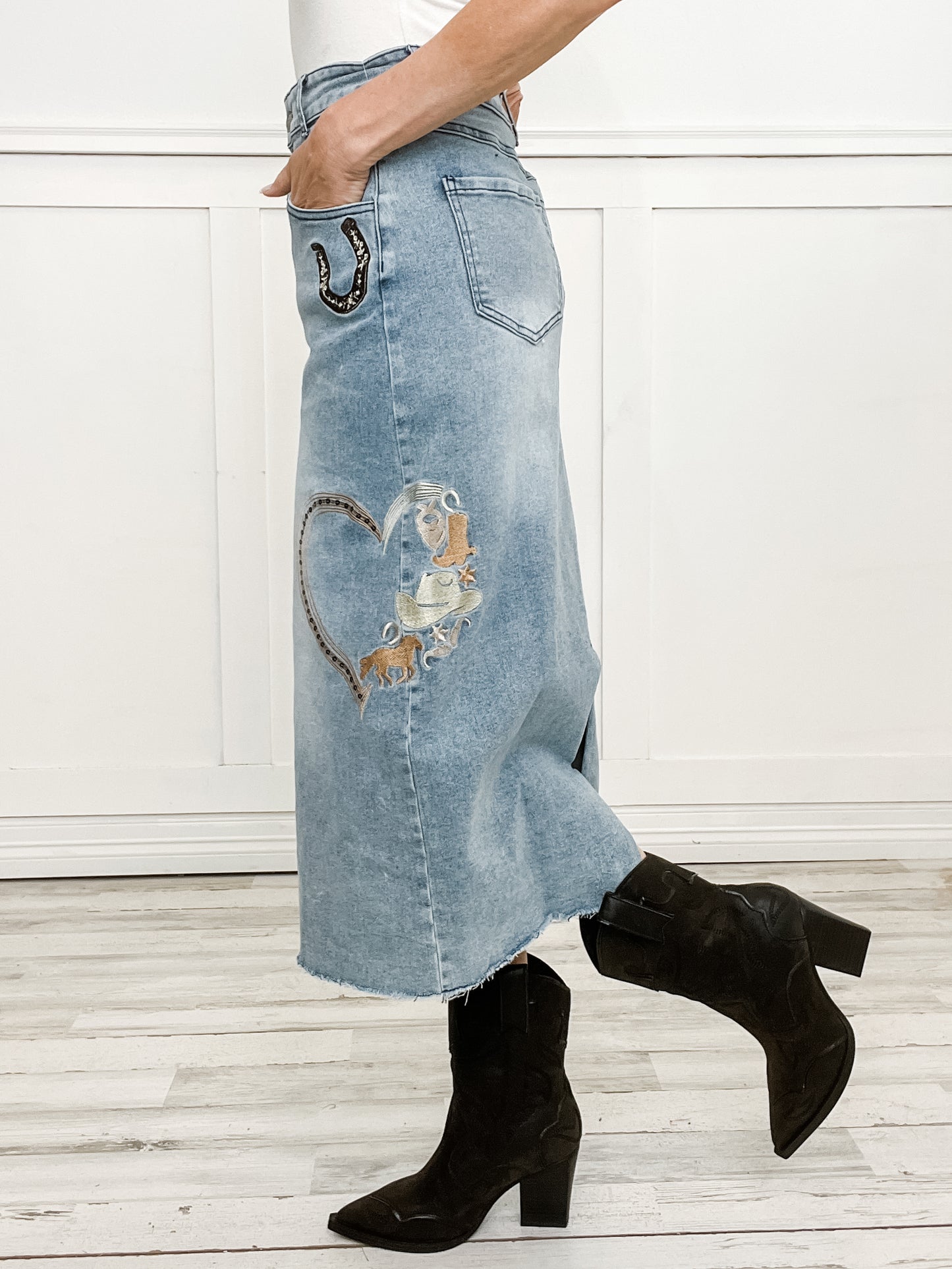 Western Embroidered Embellished Midi Denim Skirt