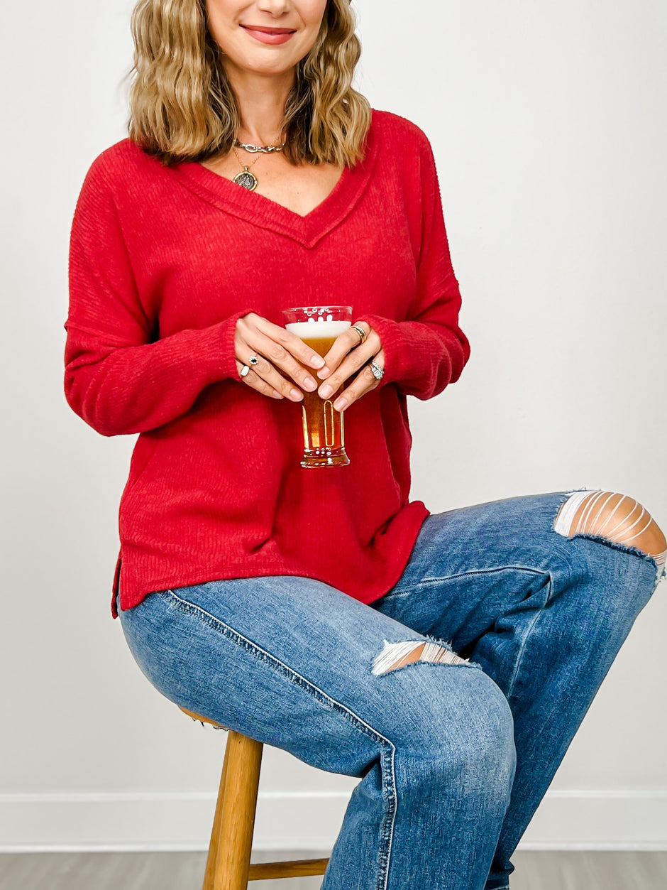 Ribbed V-neck Drop Shoulder Top