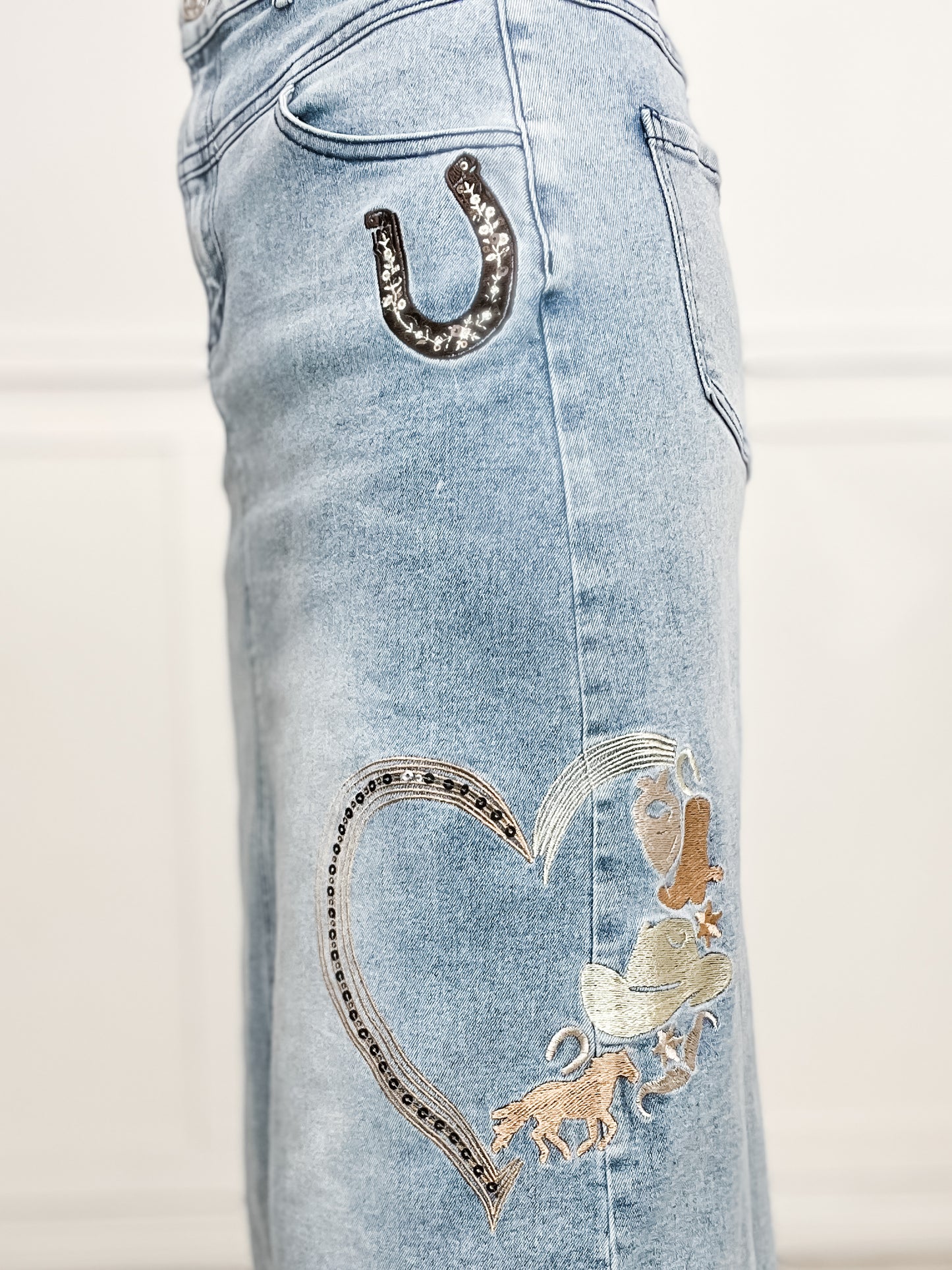 Western Embroidered Embellished Midi Denim Skirt