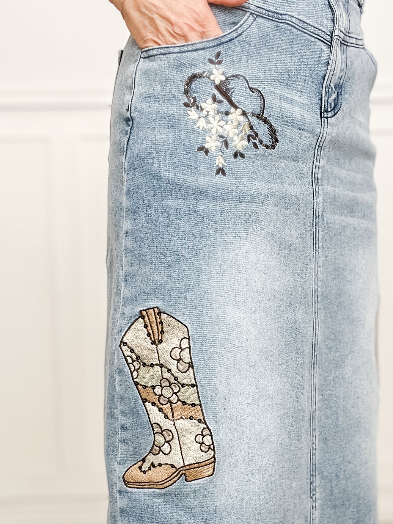 Western Embroidered Embellished Midi Denim Skirt