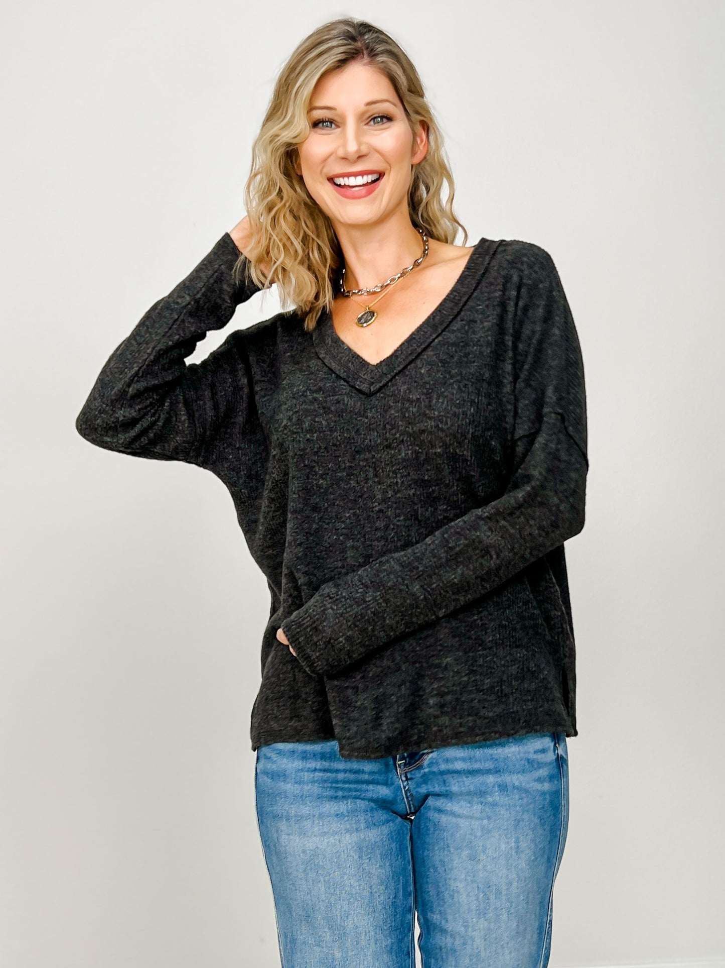 Ribbed V-neck Drop Shoulder Top