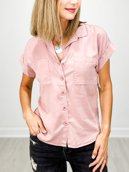 Dolman Roll Cuff Short Sleeve Button Down Collared Top