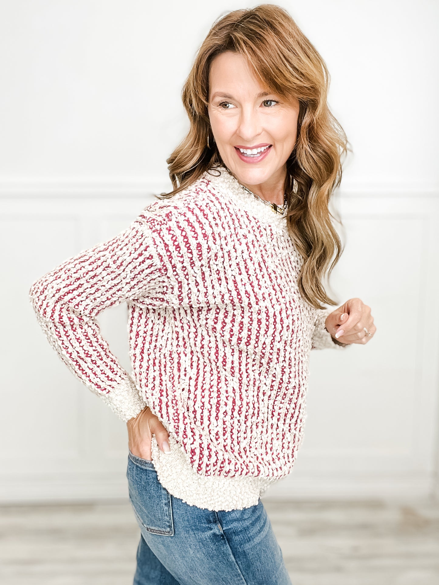 Popcorn Yarn Color Mixed Crew Neck Long Sleeve Top