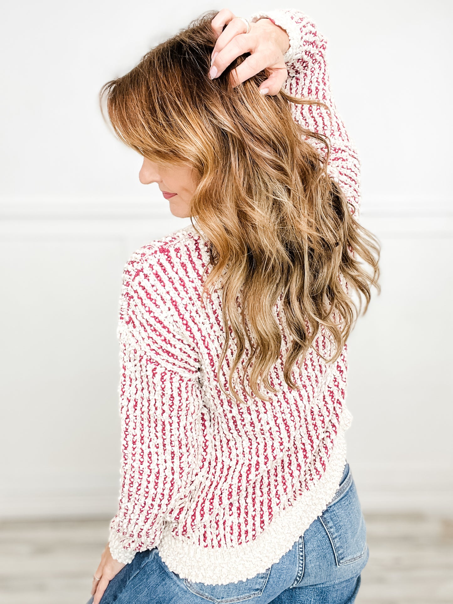 Popcorn Yarn Color Mixed Crew Neck Long Sleeve Top