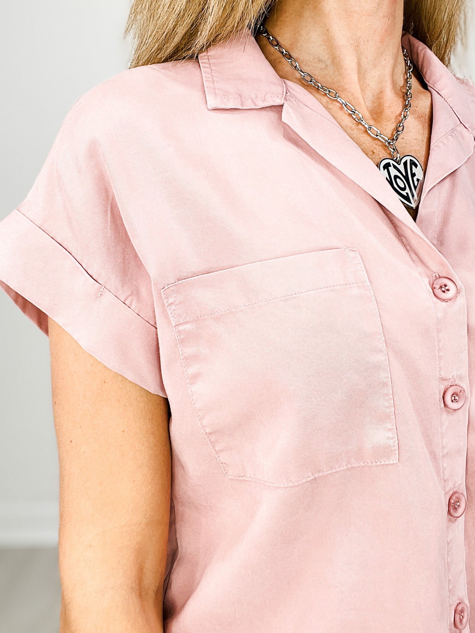 Dolman Roll Cuff Short Sleeve Button Down Collared Top