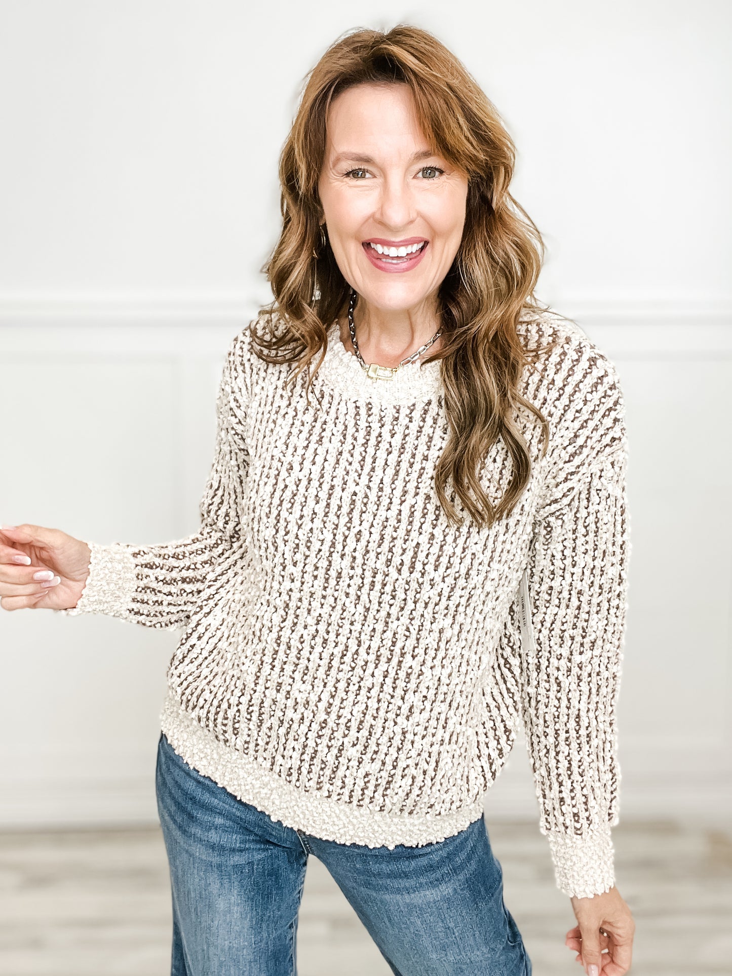 Popcorn Yarn Color Mixed Crew Neck Long Sleeve Top