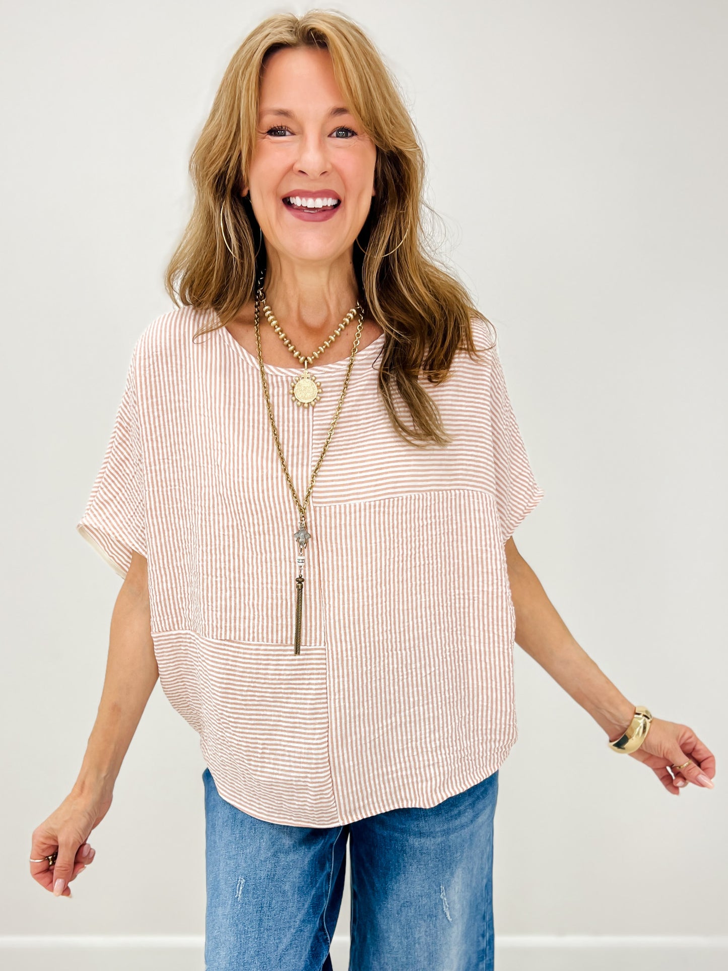 Relaxed Fit Patchwork Striped Dolman Sleeve Top