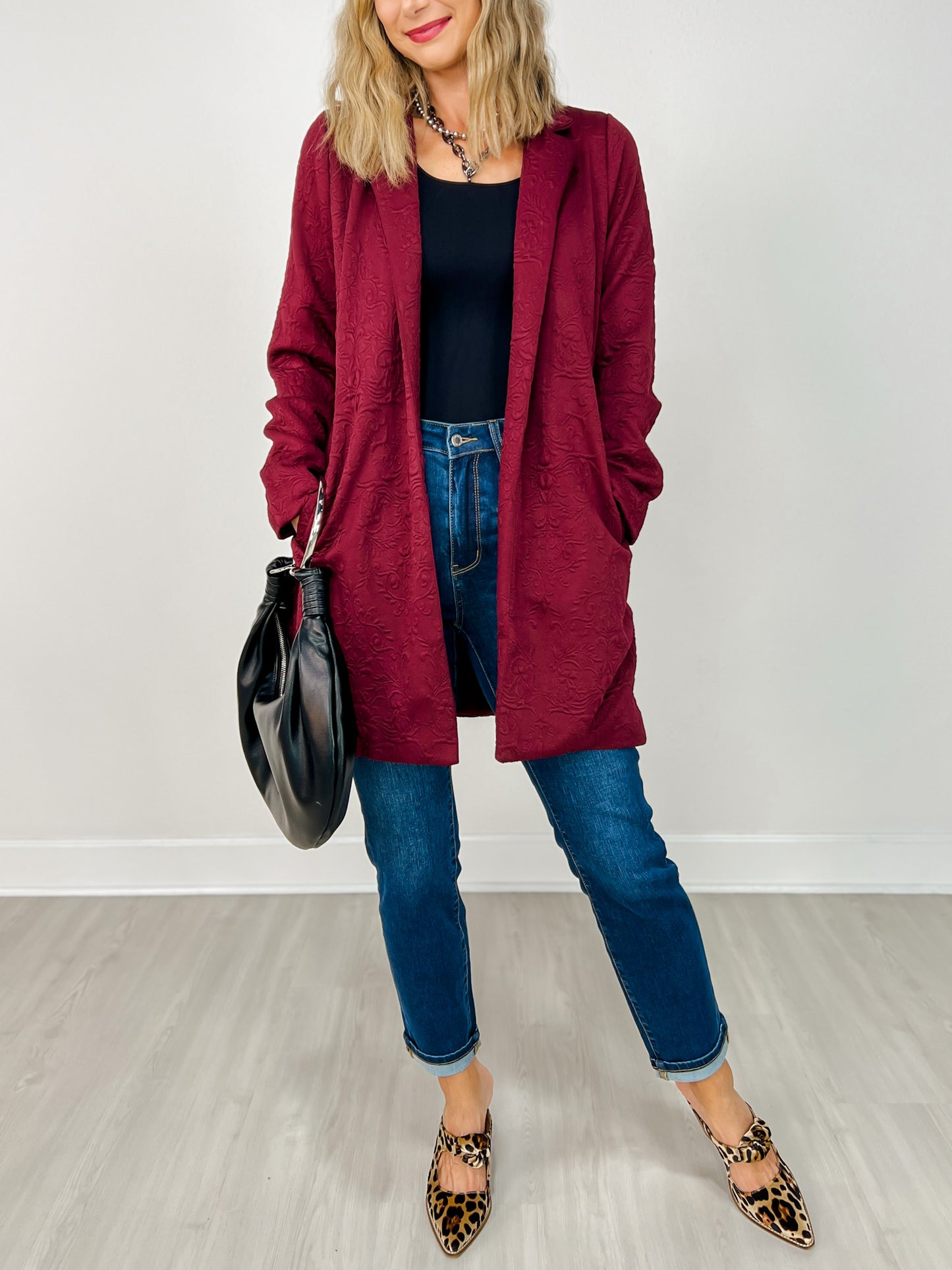 Jacquard Textured Midi Coat in Wine