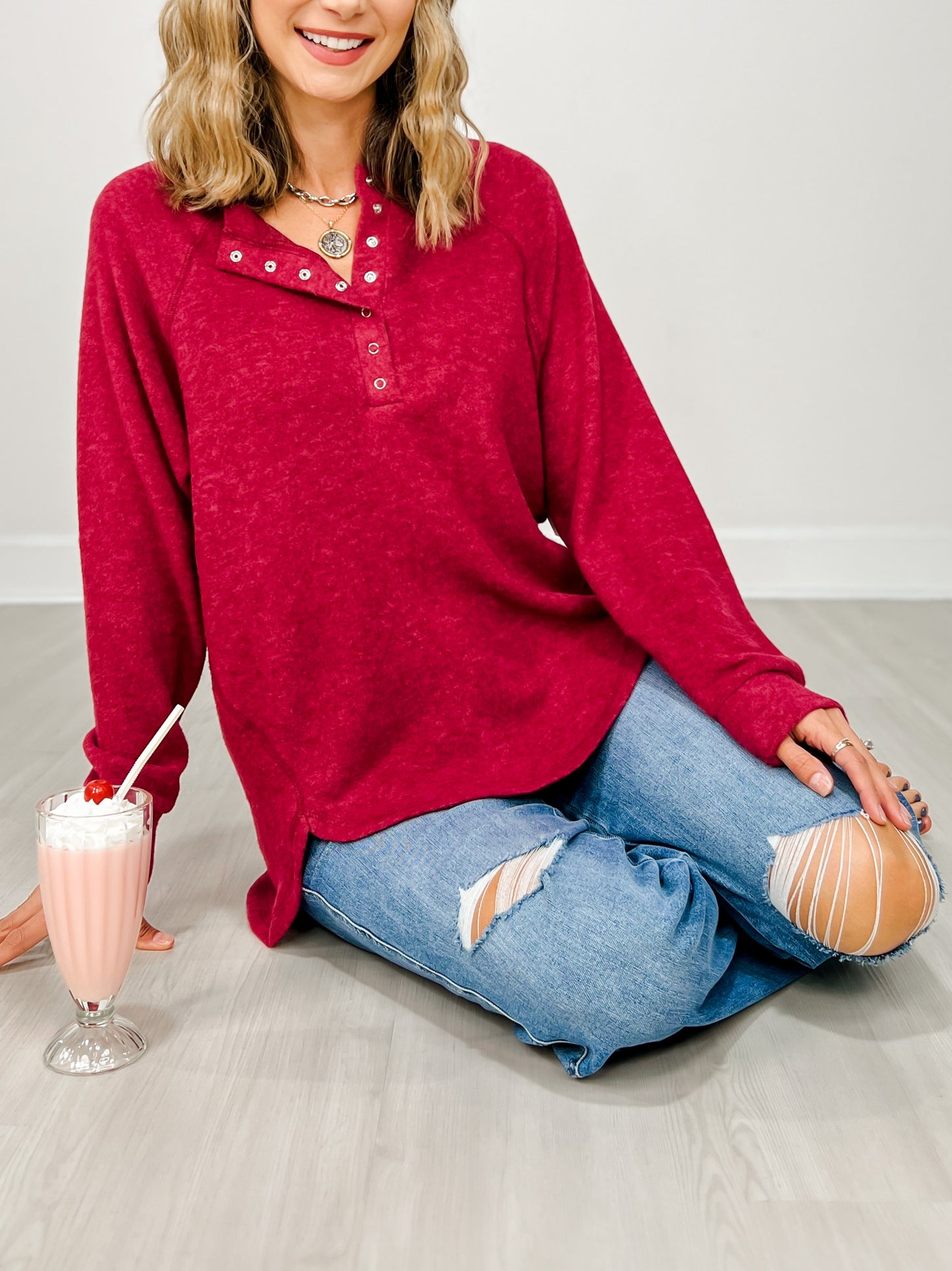 Brushed Mélange Hacci Oversized Henley Top