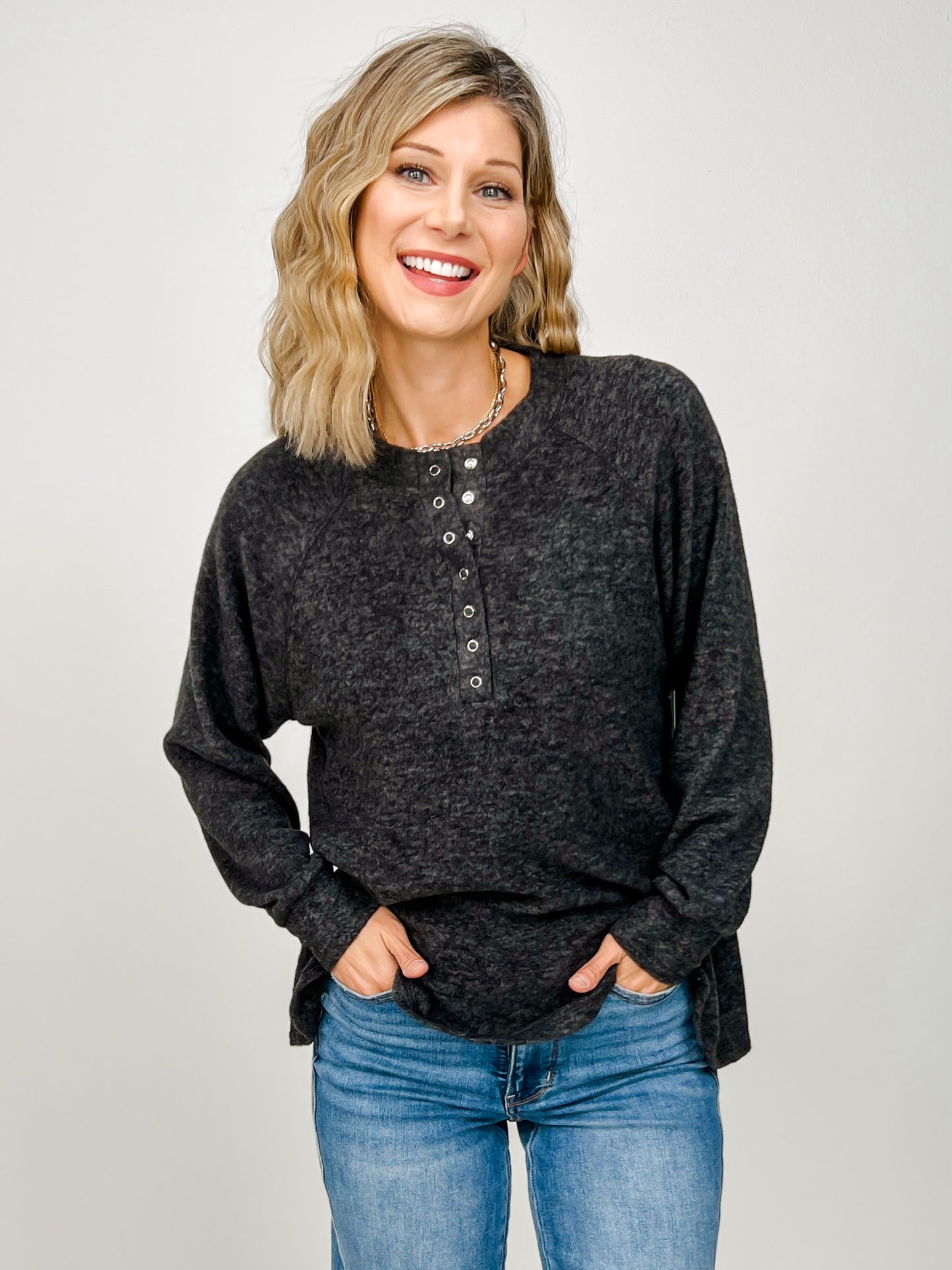 Brushed Mélange Hacci Oversized Henley Top