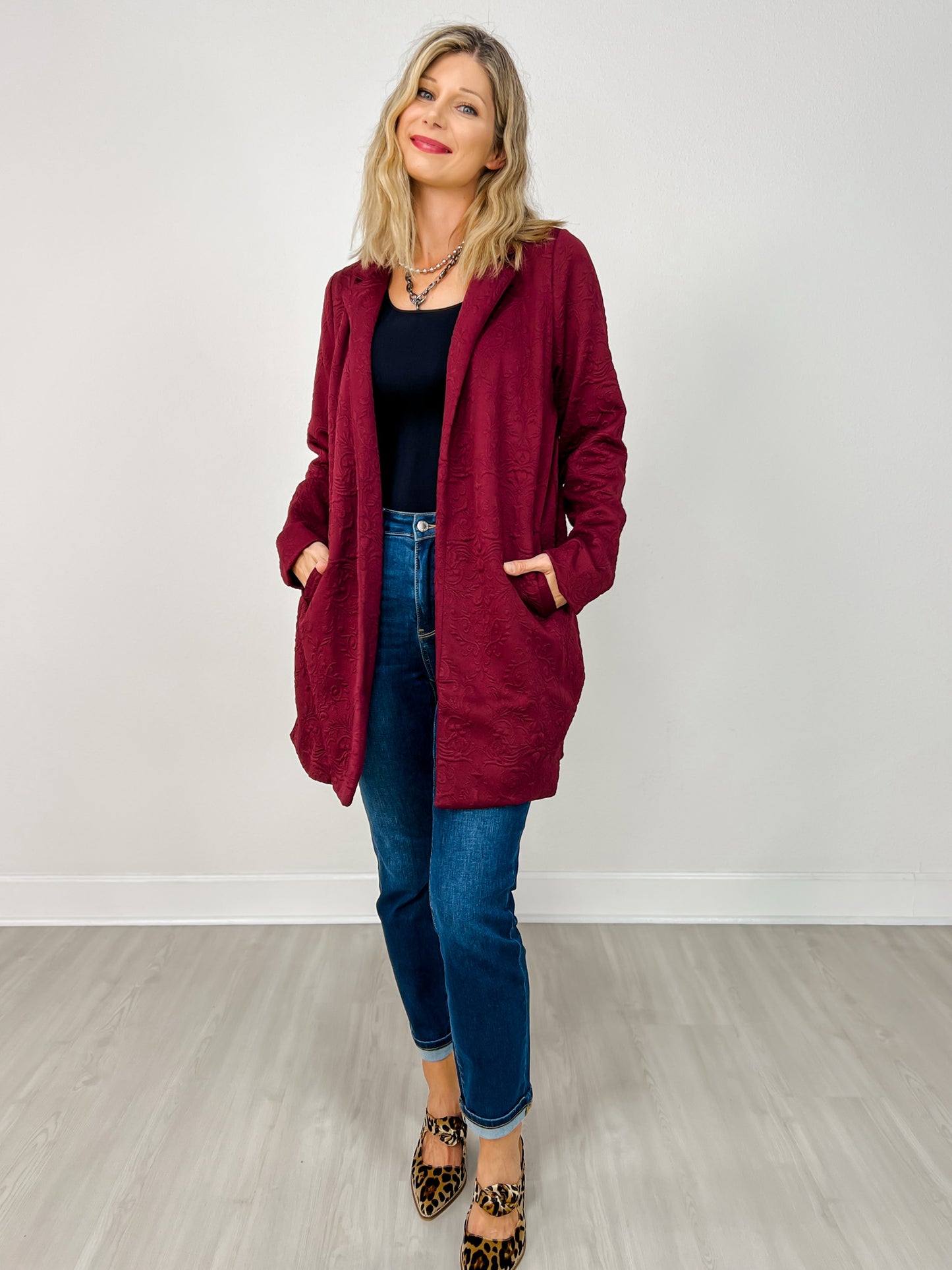 Jacquard Textured Midi Coat in Wine