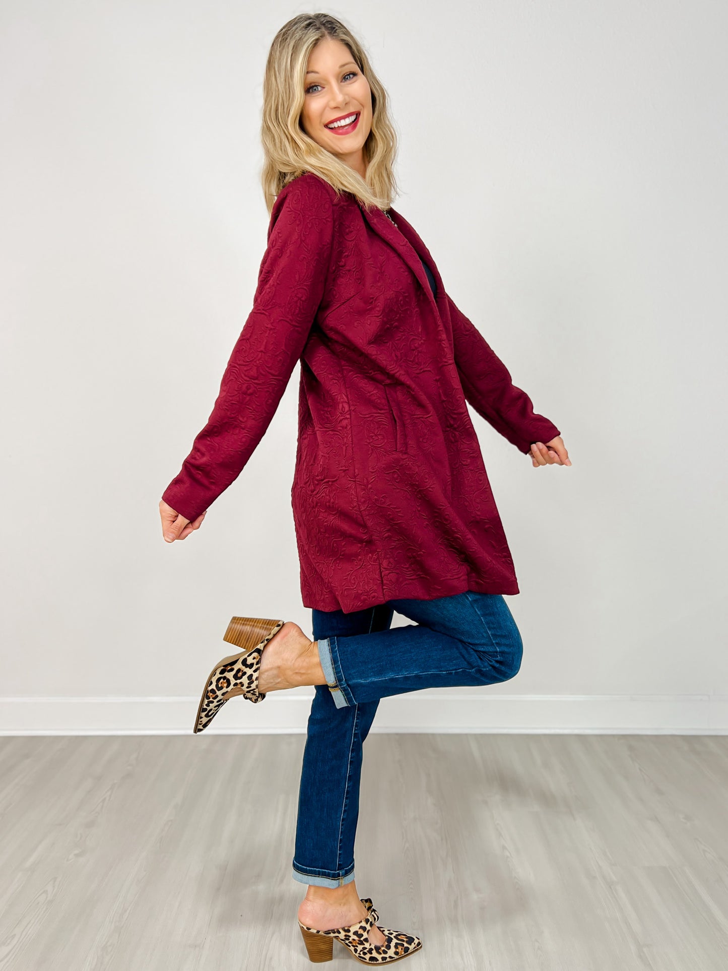 Jacquard Textured Midi Coat in Wine