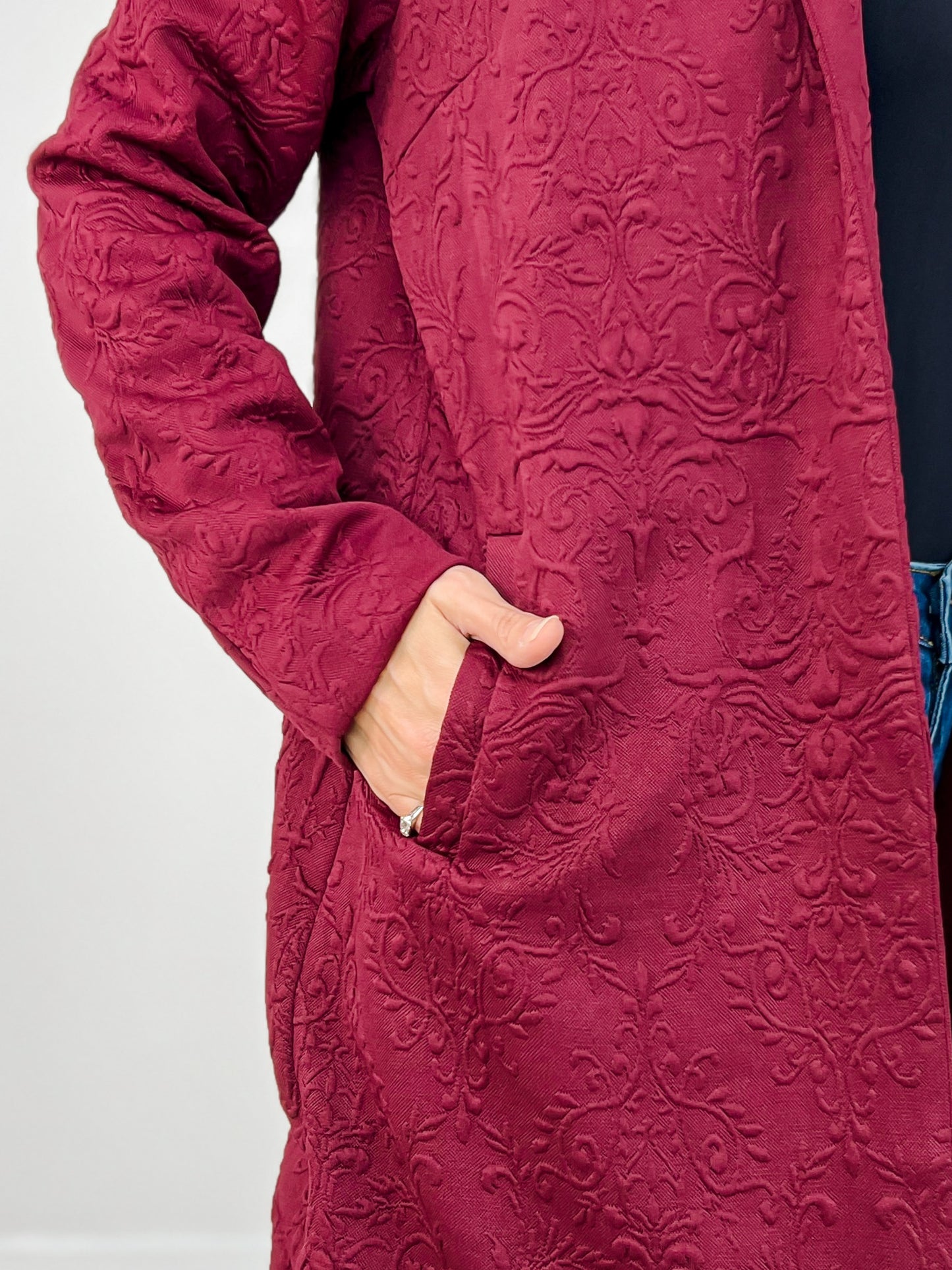 Jacquard Textured Midi Coat in Wine