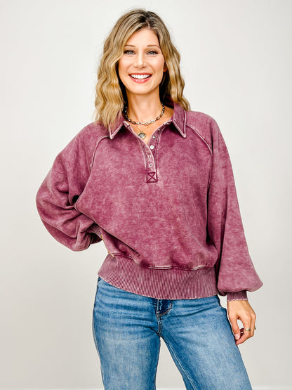 Acid Wash Fleece Button Up Collared Pullover