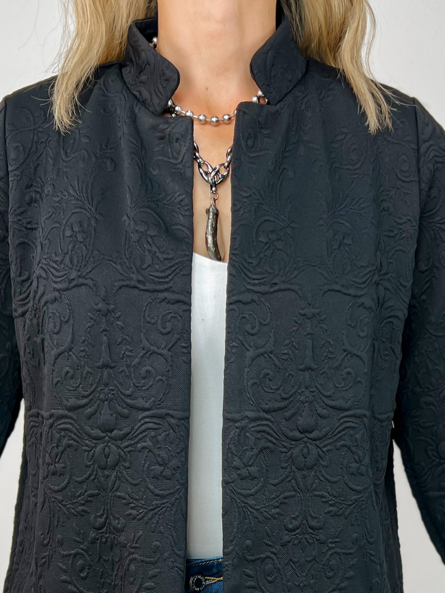 Jacquard Textured Midi Coat in Black