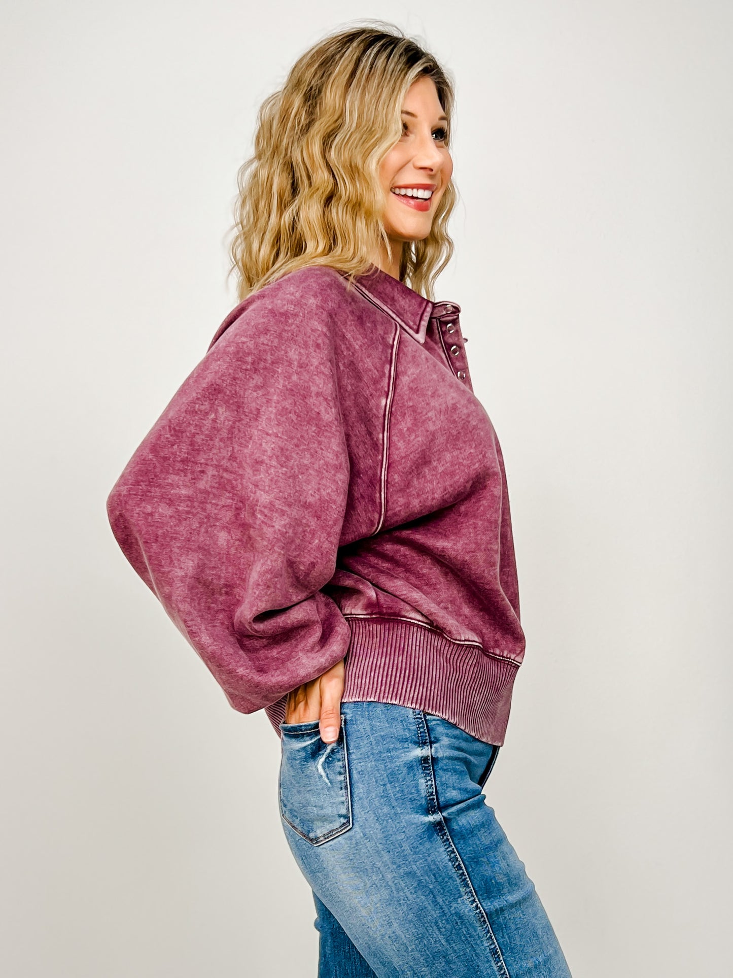 Acid Wash Fleece Button Up Collared Pullover
