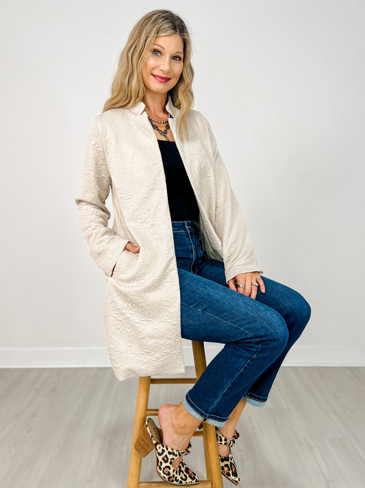 Jacquard Textured Midi Coat in Oatmeal