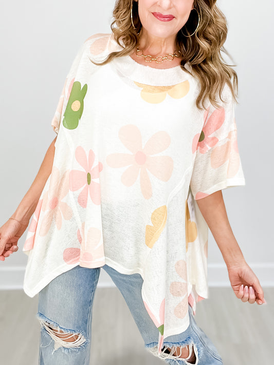 Printed Hacci Knit Top with Drop Shoulder and Hi-Lo Hem