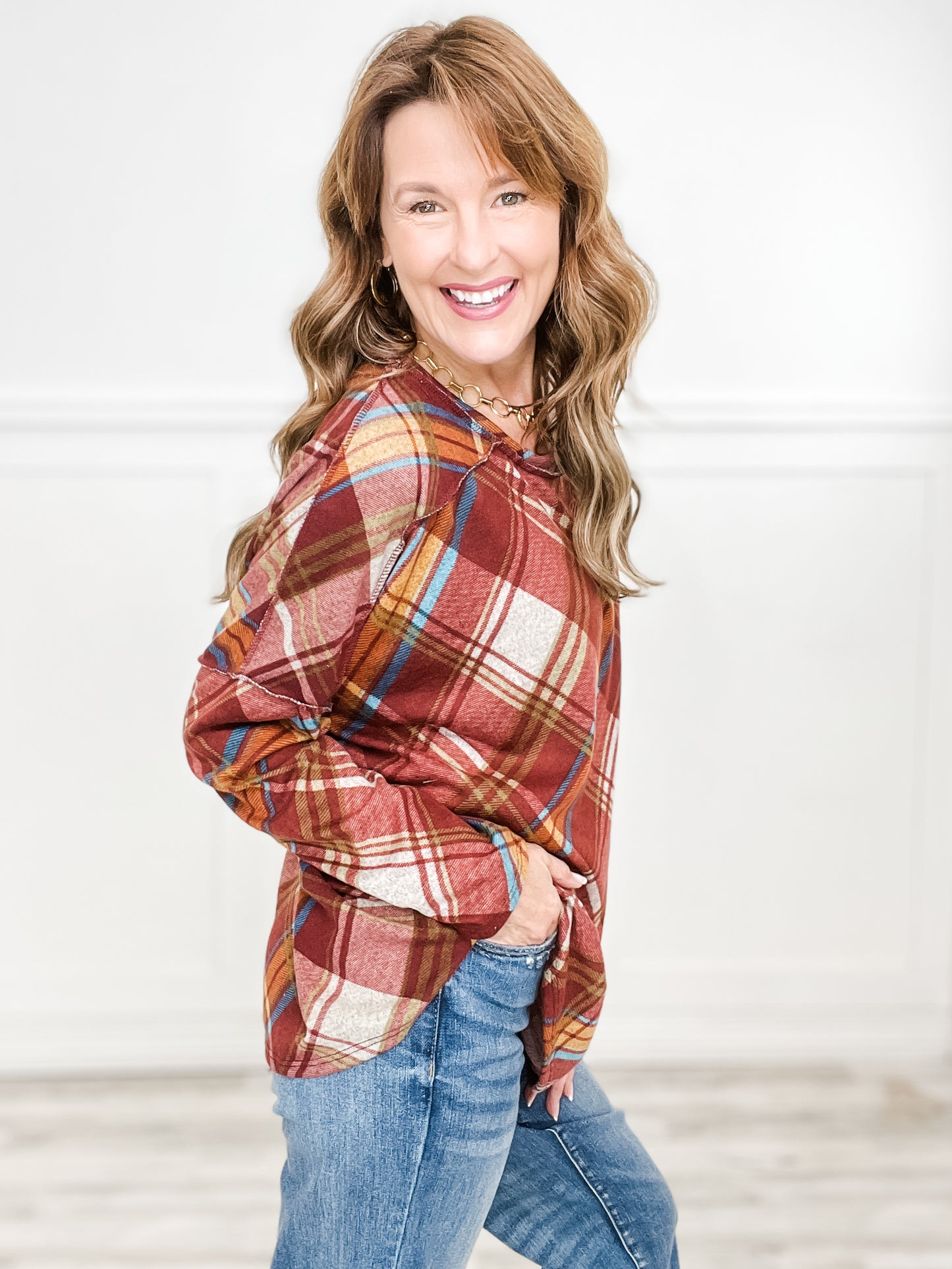 Long Sleeve Plaid Print Top