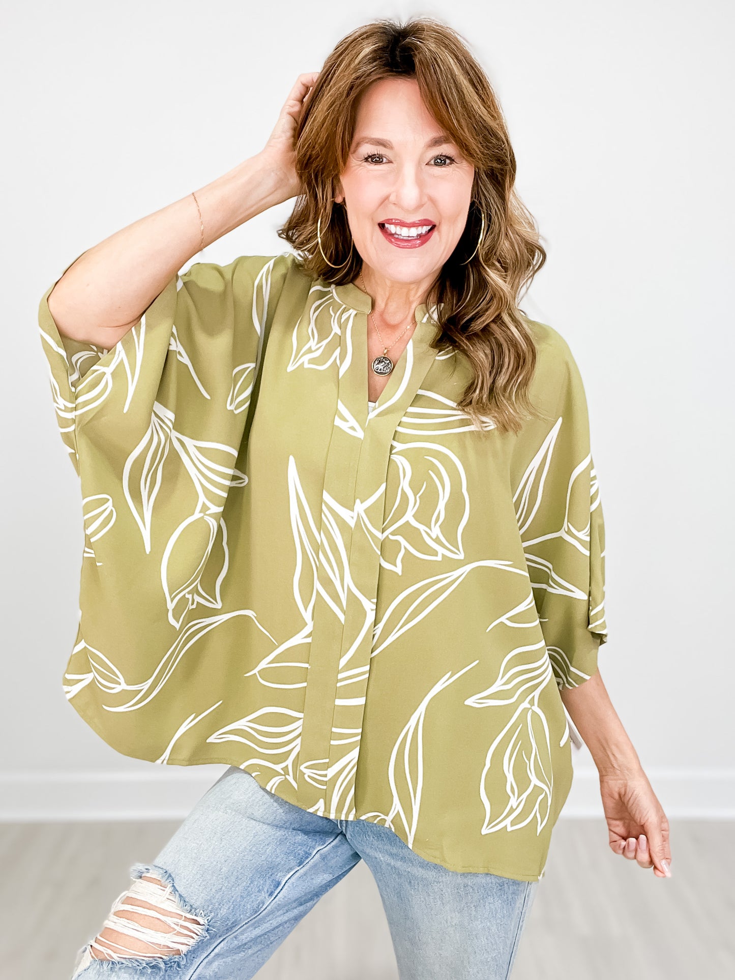 Floral Line Drawing Oversized Batwing Top