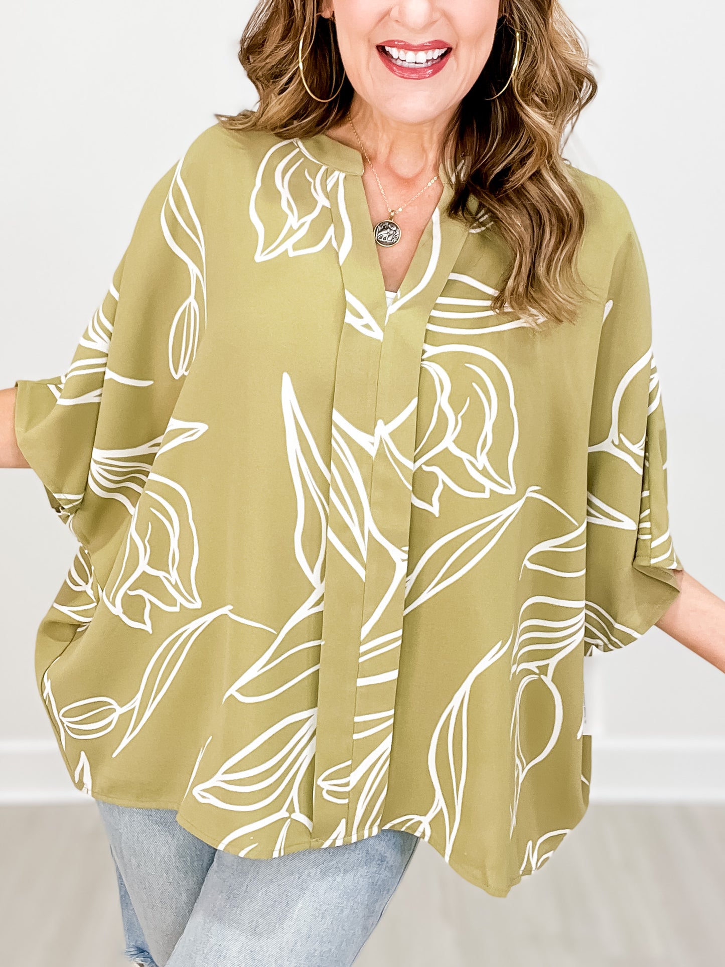 Floral Line Drawing Oversized Batwing Top