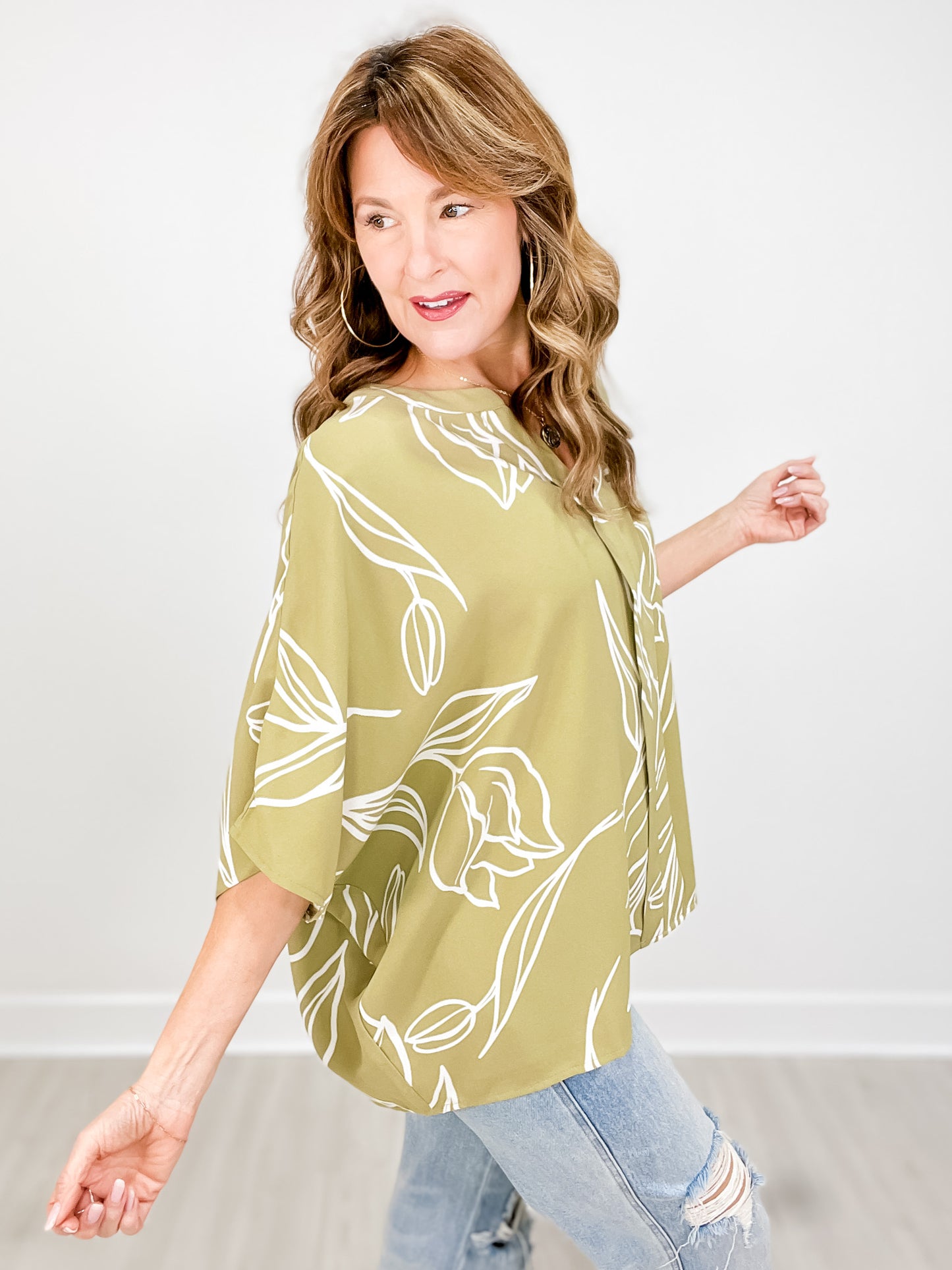 Floral Line Drawing Oversized Batwing Top