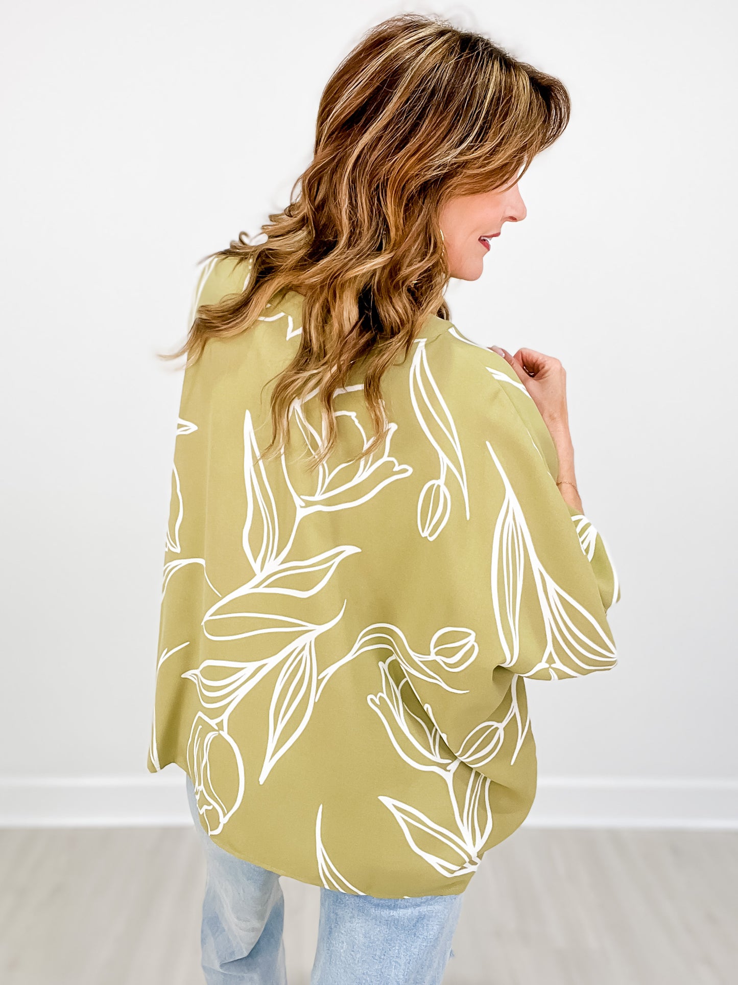 Floral Line Drawing Oversized Batwing Top