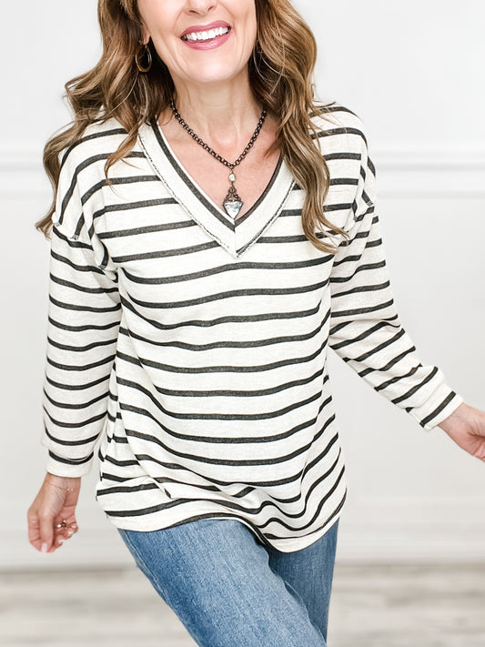 V-Neck Puff Sleeve Stripe Sweater Top