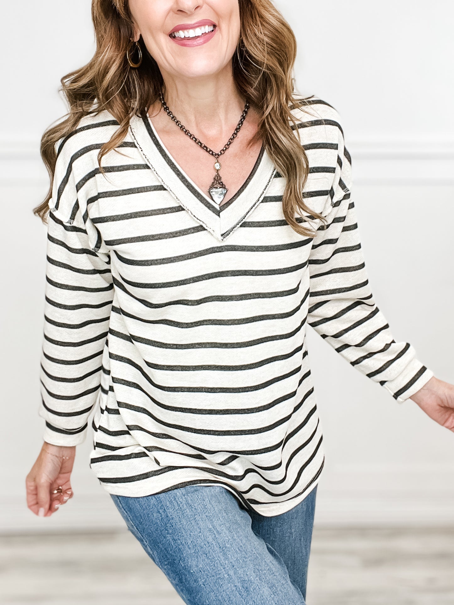 V-Neck Puff Sleeve Stripe Sweater Top