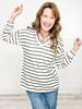 V-Neck Puff Sleeve Stripe Sweater Top