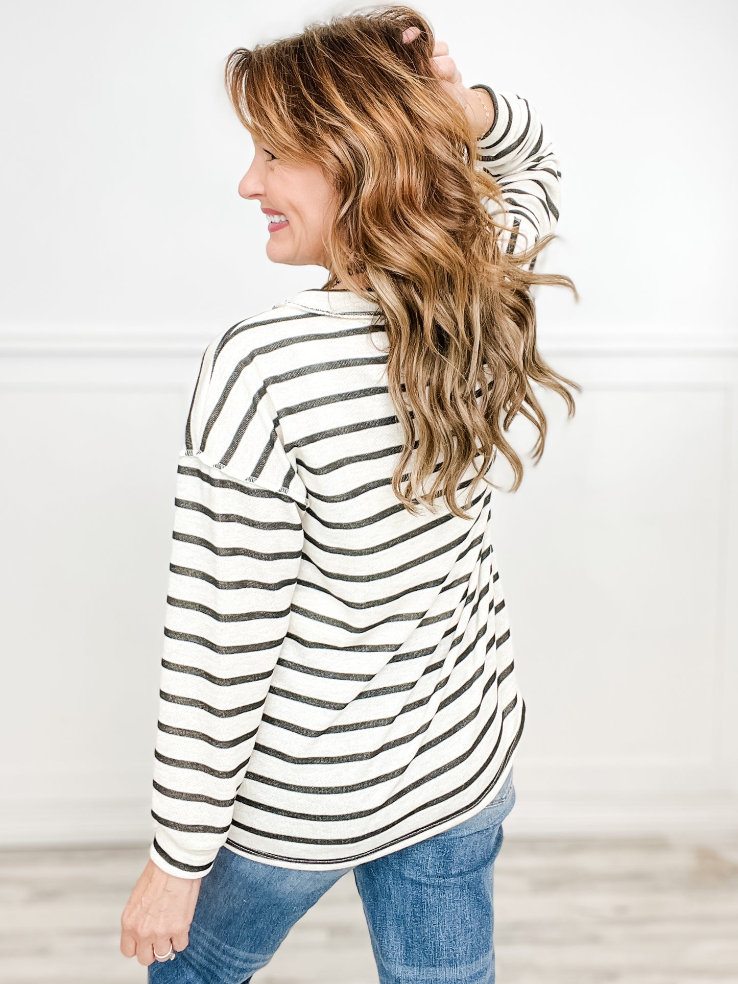 V-Neck Puff Sleeve Stripe Sweater Top