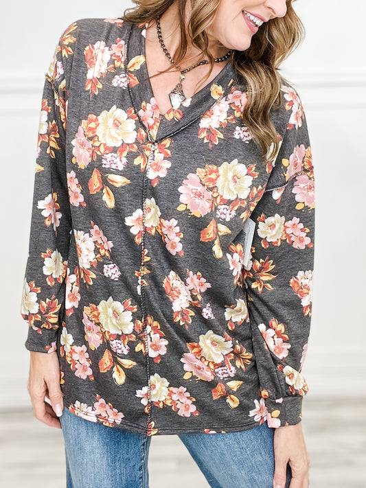 Puffed Long Sleeve Floral Print Top