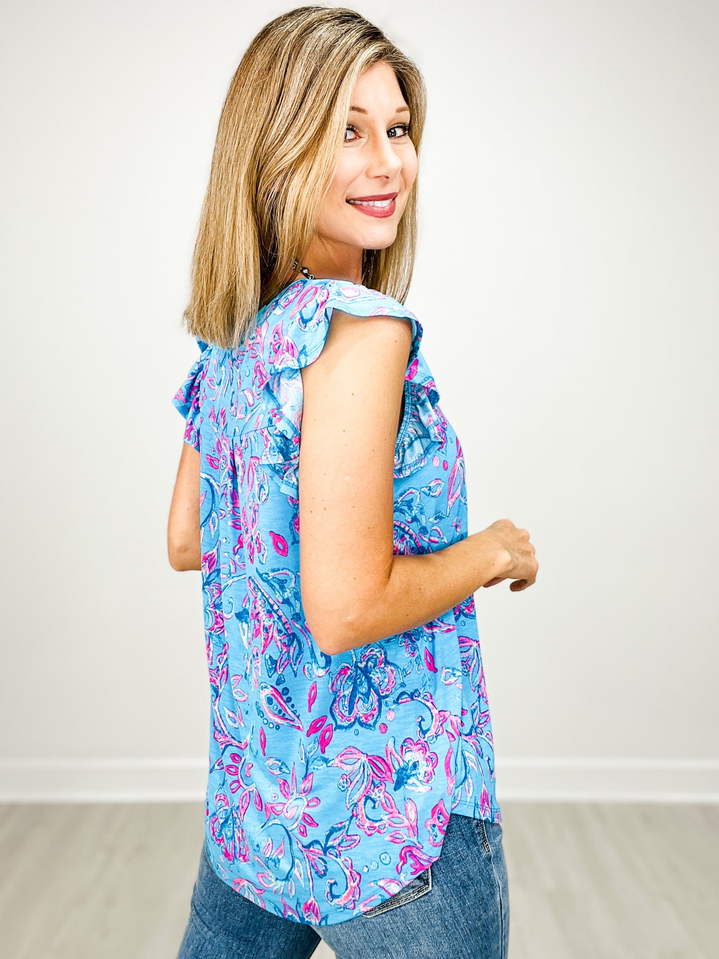 Lizzy Flutter Sleeve Tank with Mandarin Collar and Back Pleats