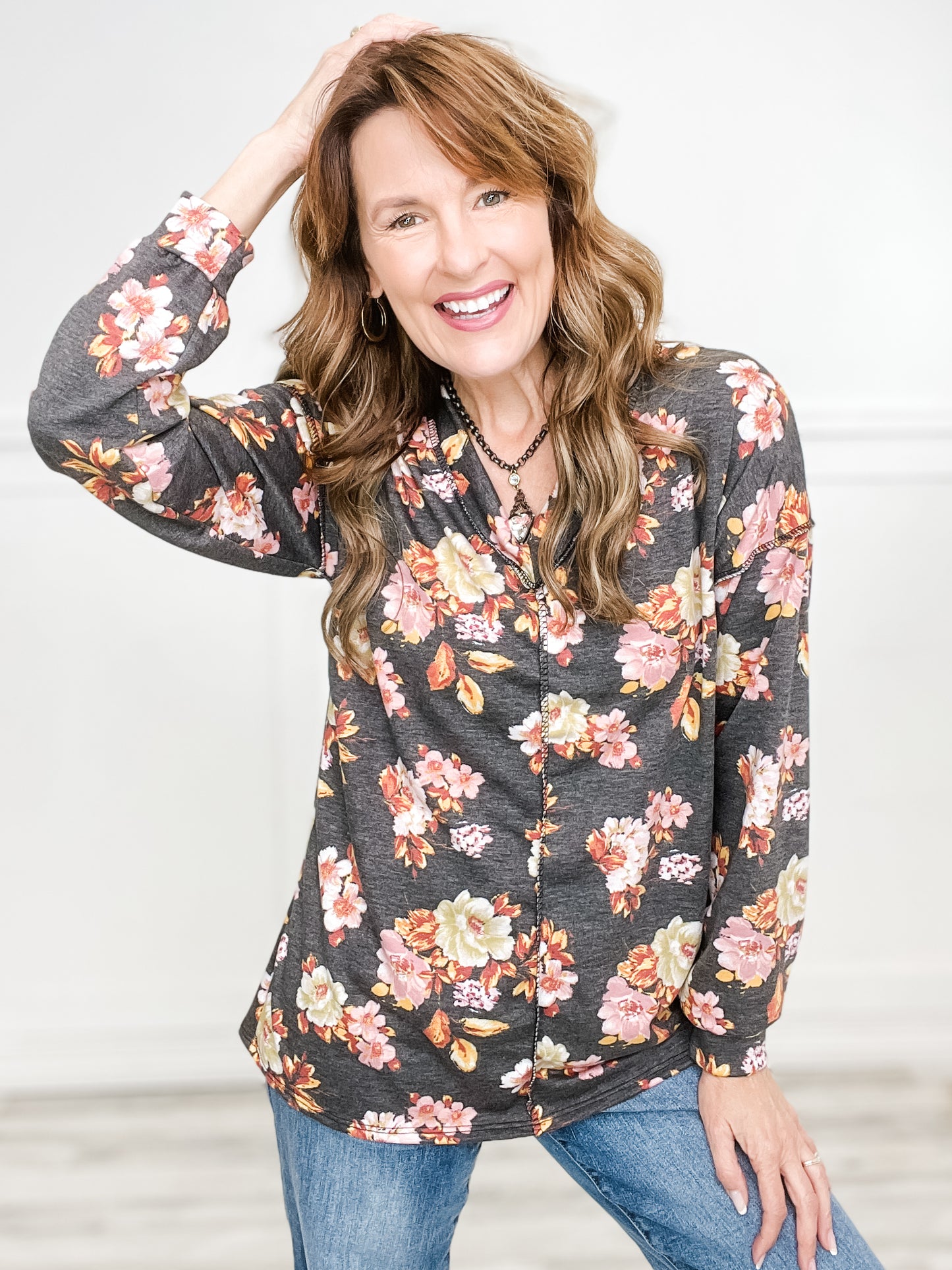 Puffed Long Sleeve Floral Print Top