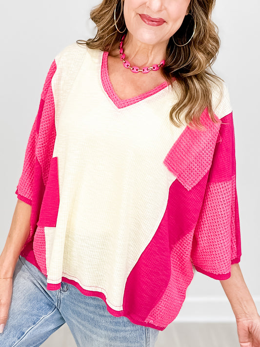 Colorblock Mix and Match Fabric Top with Elbow Length Sleeves