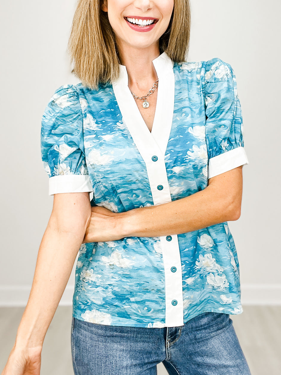 Short Sleeve Floral Button Down Split Neckline Top