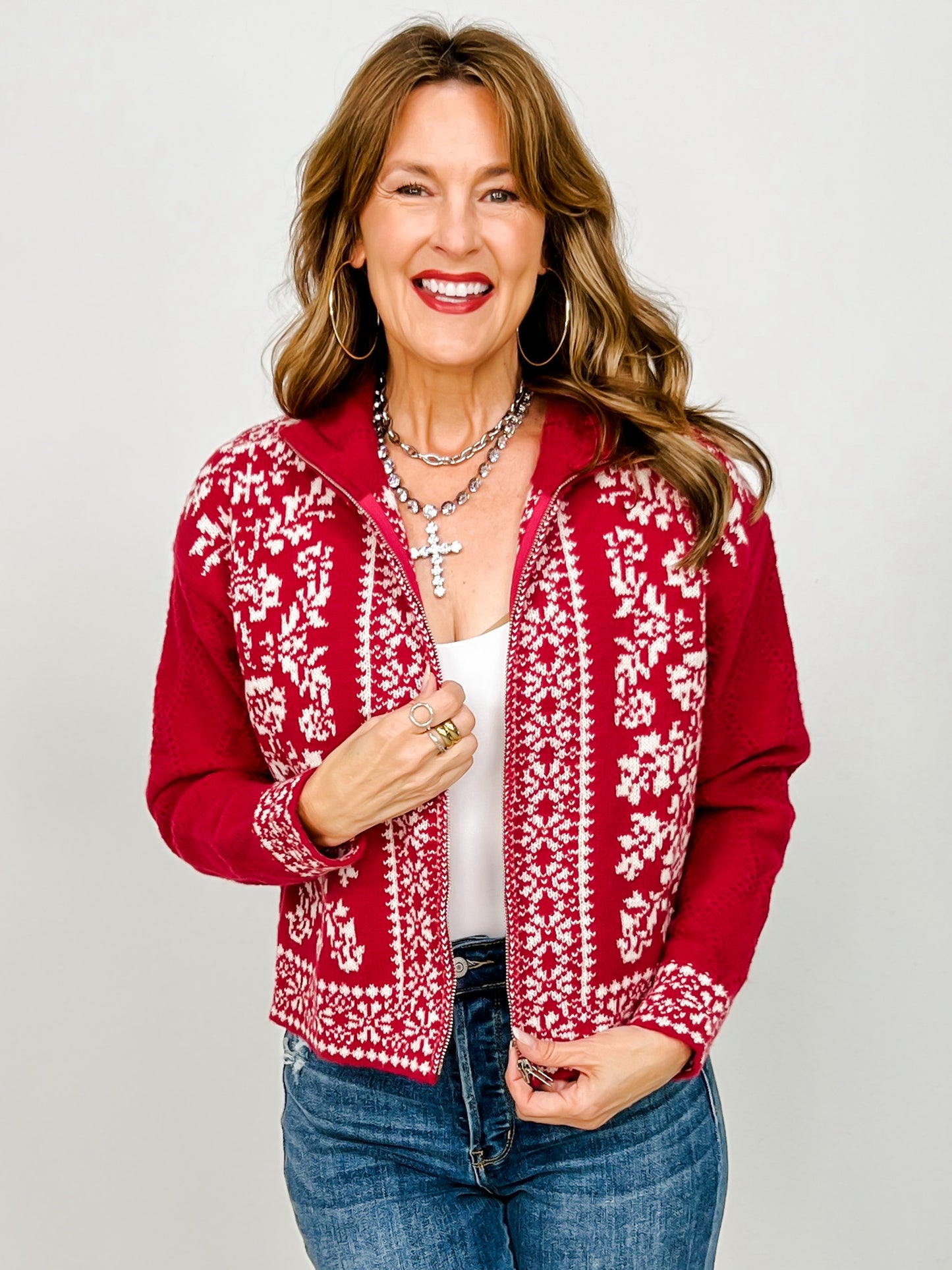 Mock Neck Knit Sweater Zip-Up Cardigan