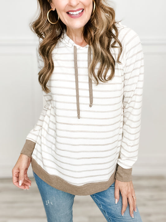 Drawstring Neck Long Sleeve Striped Hoodie Top