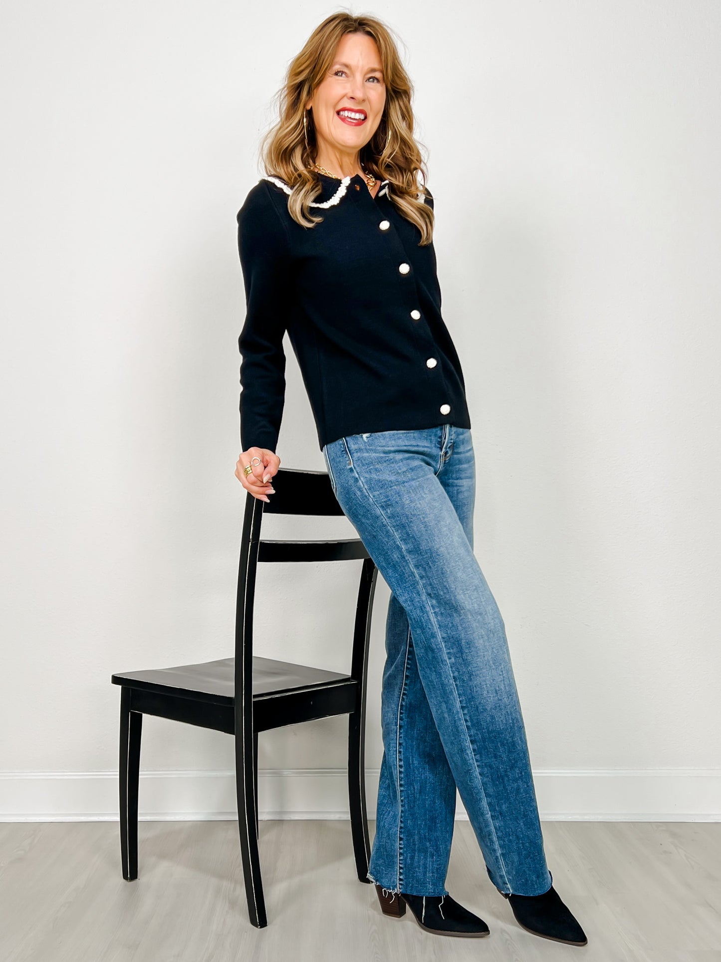 Long Sleeve Crochet Trim Button Front Cardigan Sweater