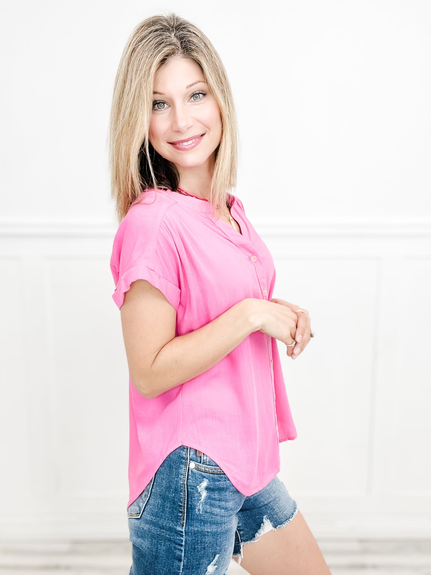 Lose Control Short Roll Sleeve Button Down Top
