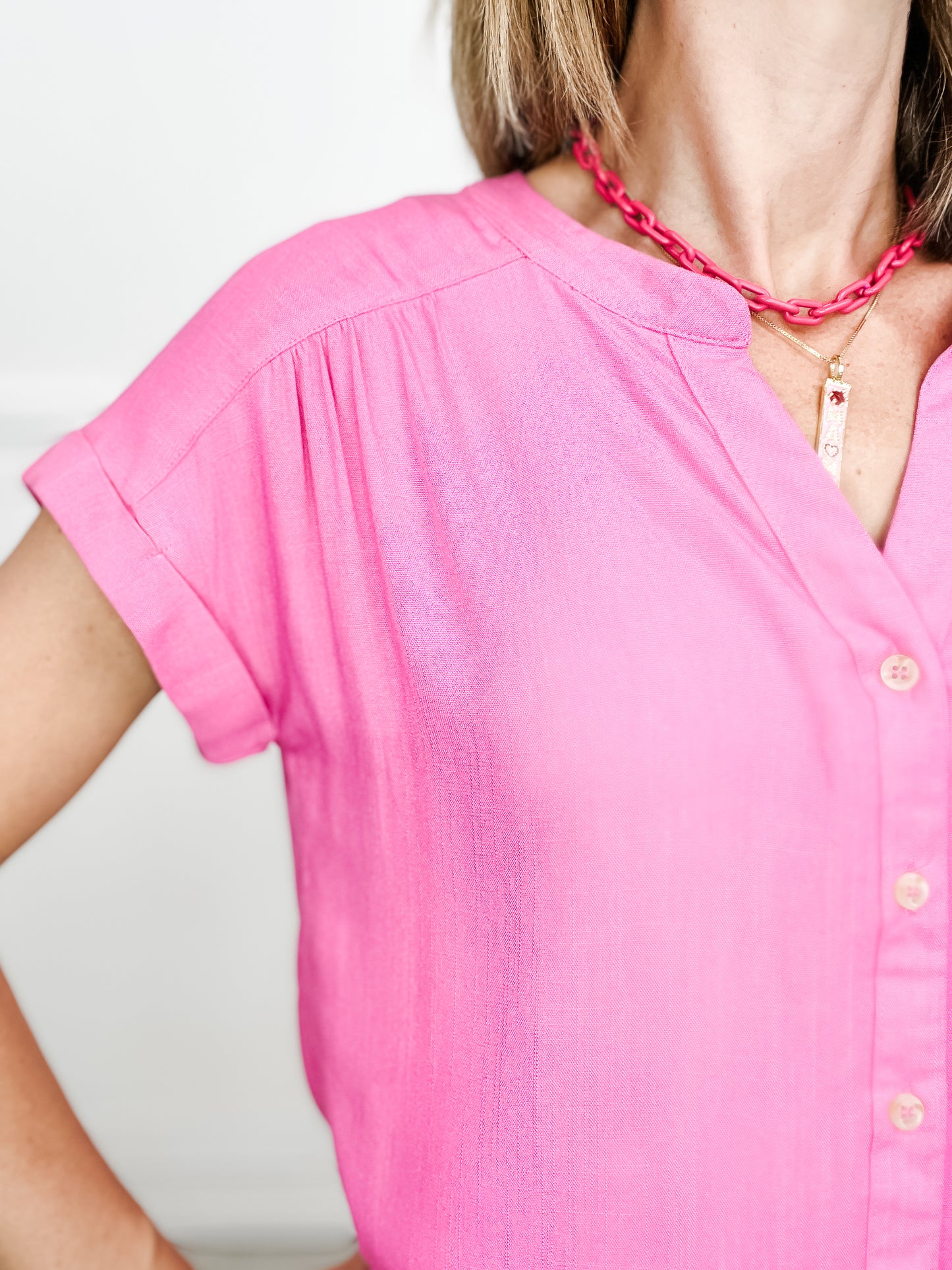 Lose Control Short Roll Sleeve Button Down Top