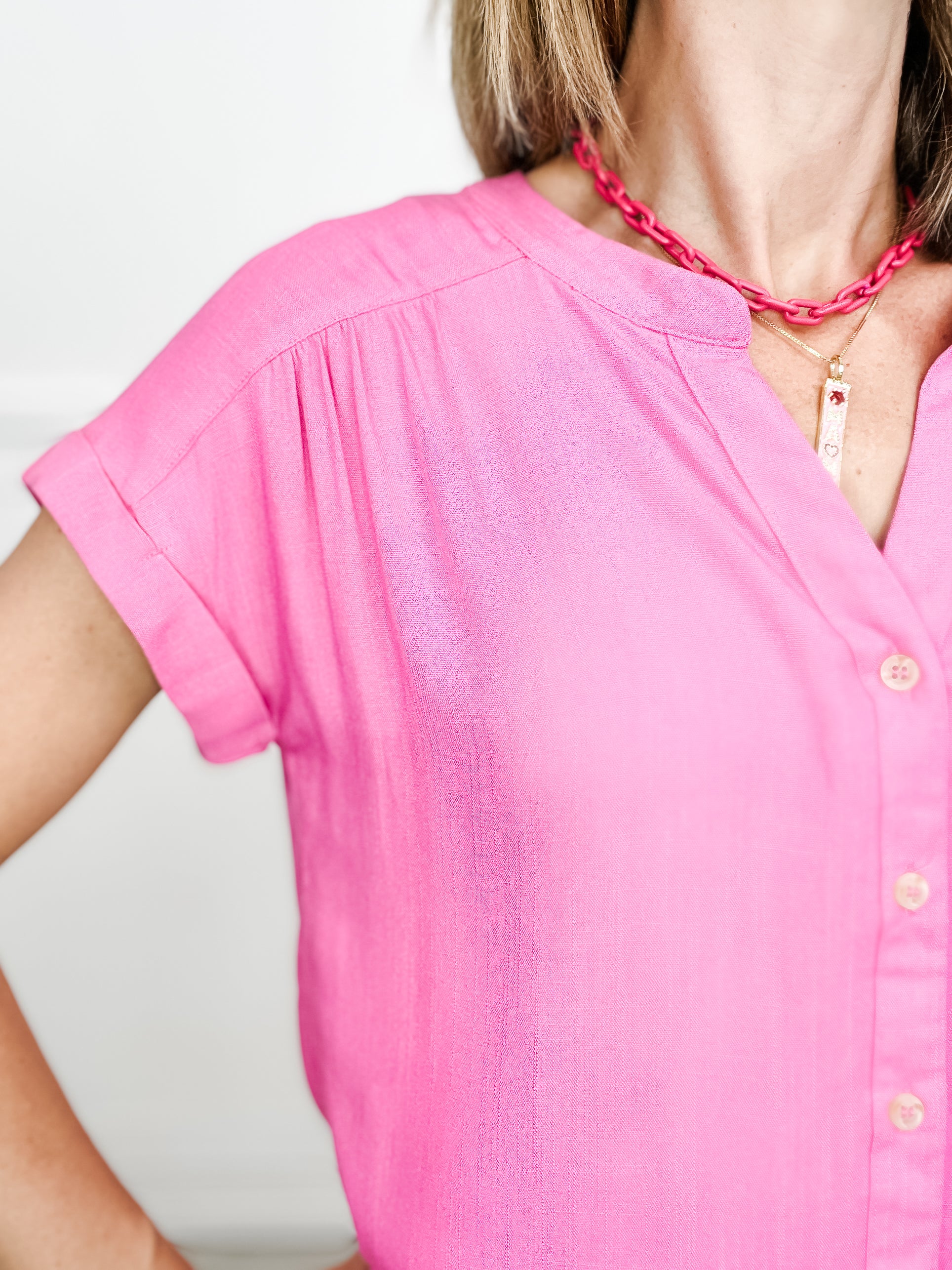 Lose Control Short Roll Sleeve Button Down Top