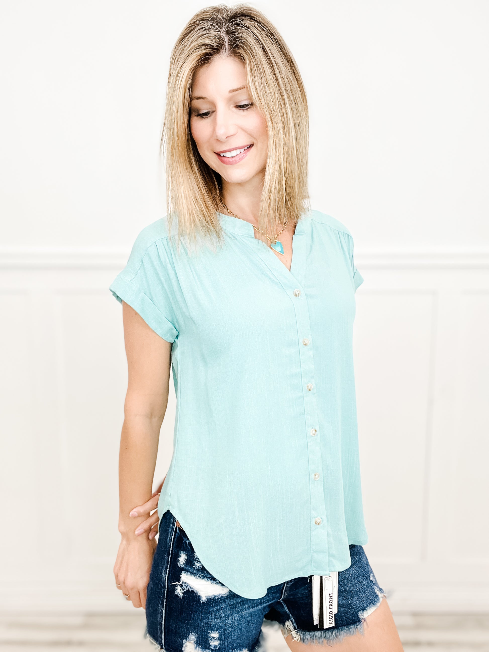 Lose Control Short Roll Sleeve Button Down Top