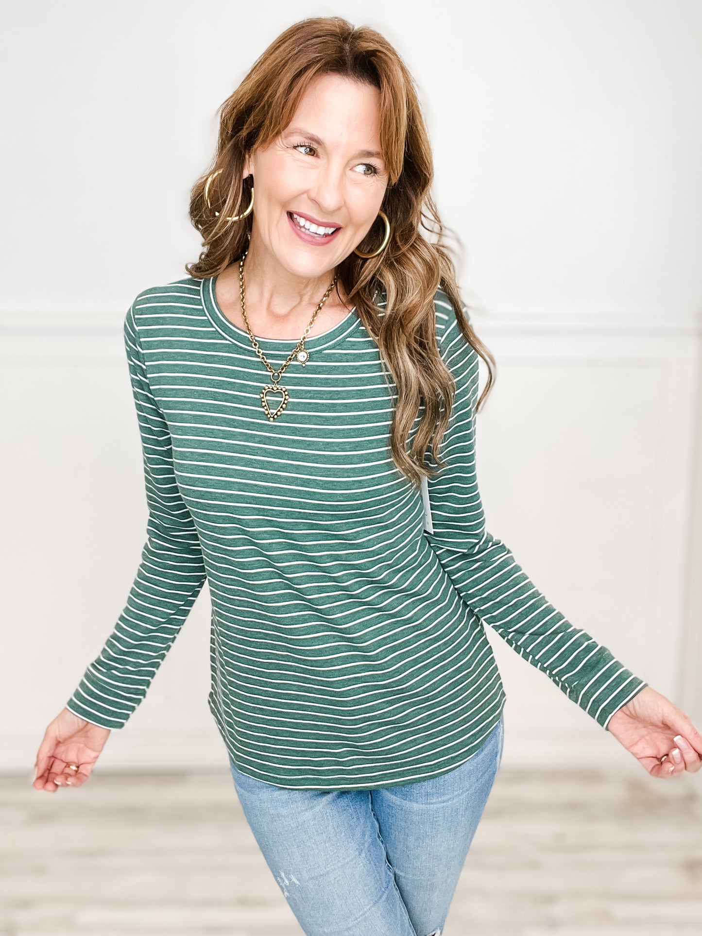 Crew Neck Striped Relaxed Long Sleeve Knit Top