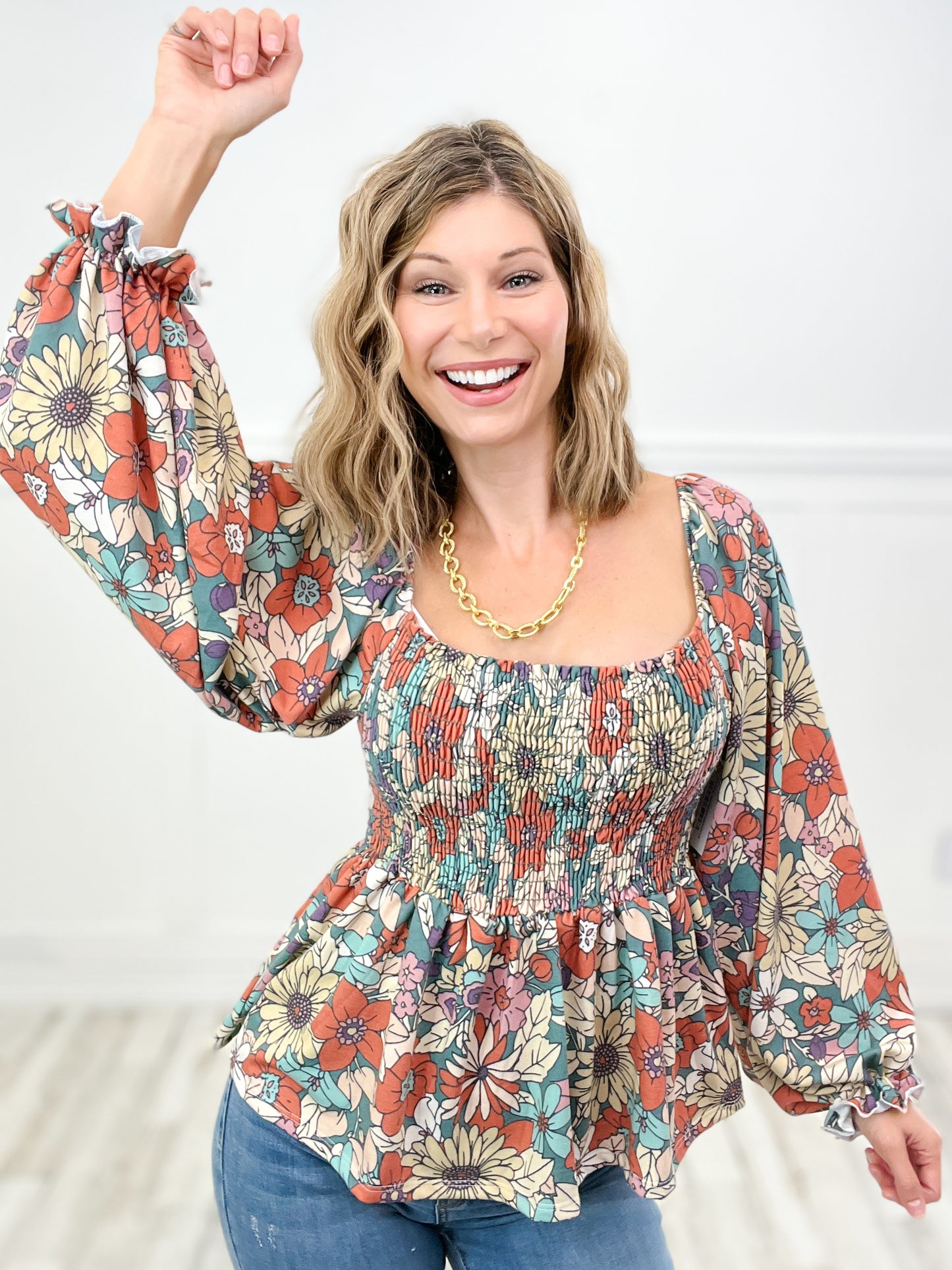 Blossom Breeze Ruffled Sleeves Smocked Top