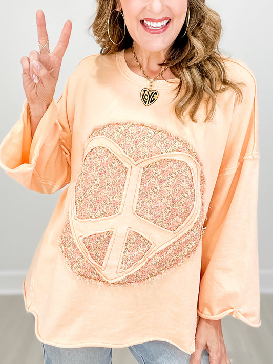 Peace Sign Mineral Washed Terry Knit Top