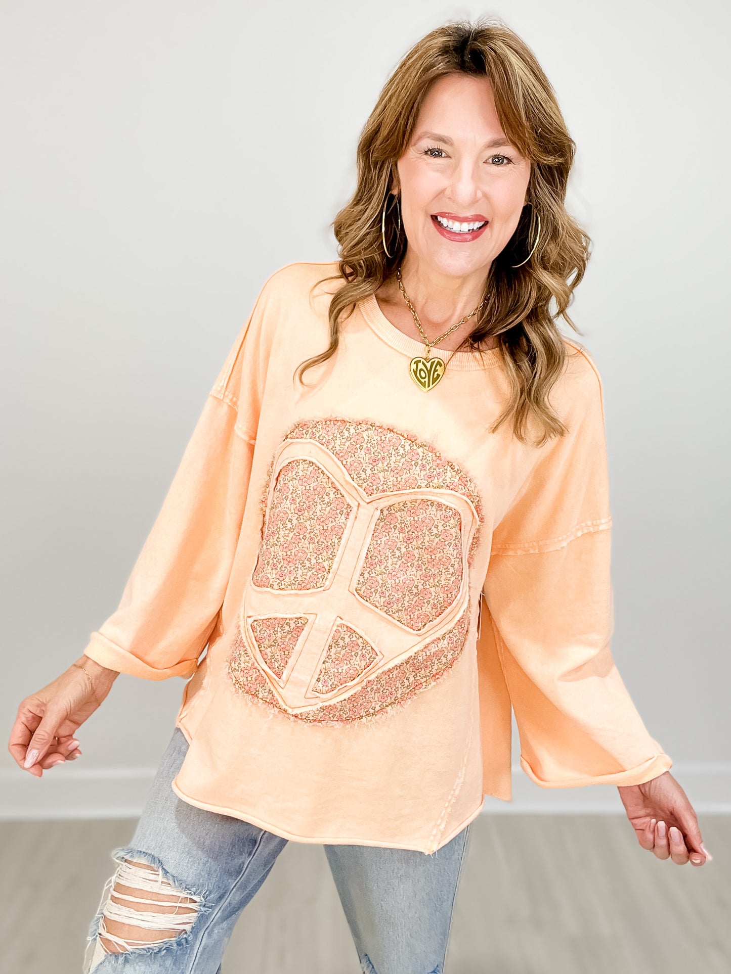 Peace Sign Mineral Washed Terry Knit Top