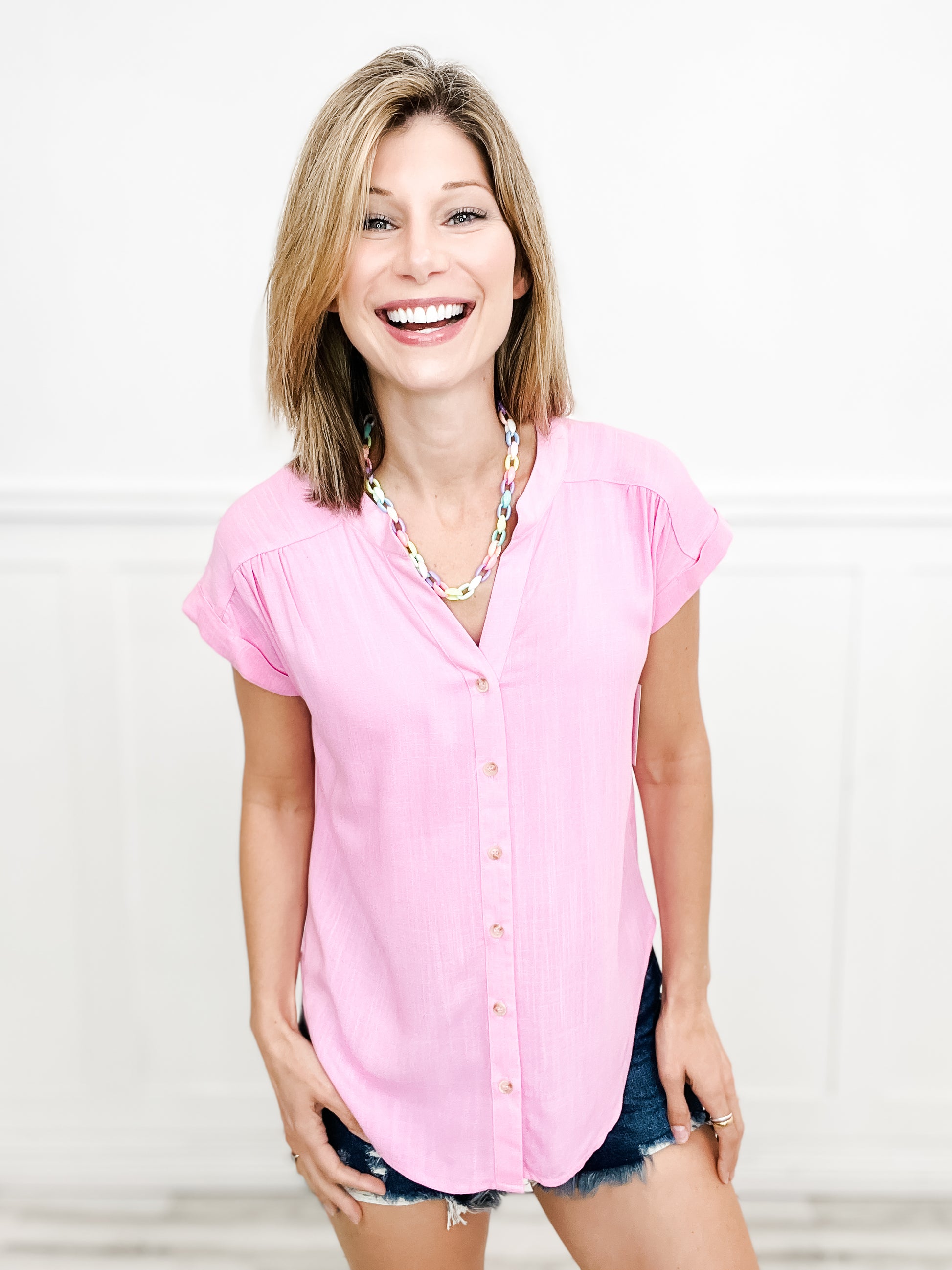 Lose Control Short Roll Sleeve Button Down Top