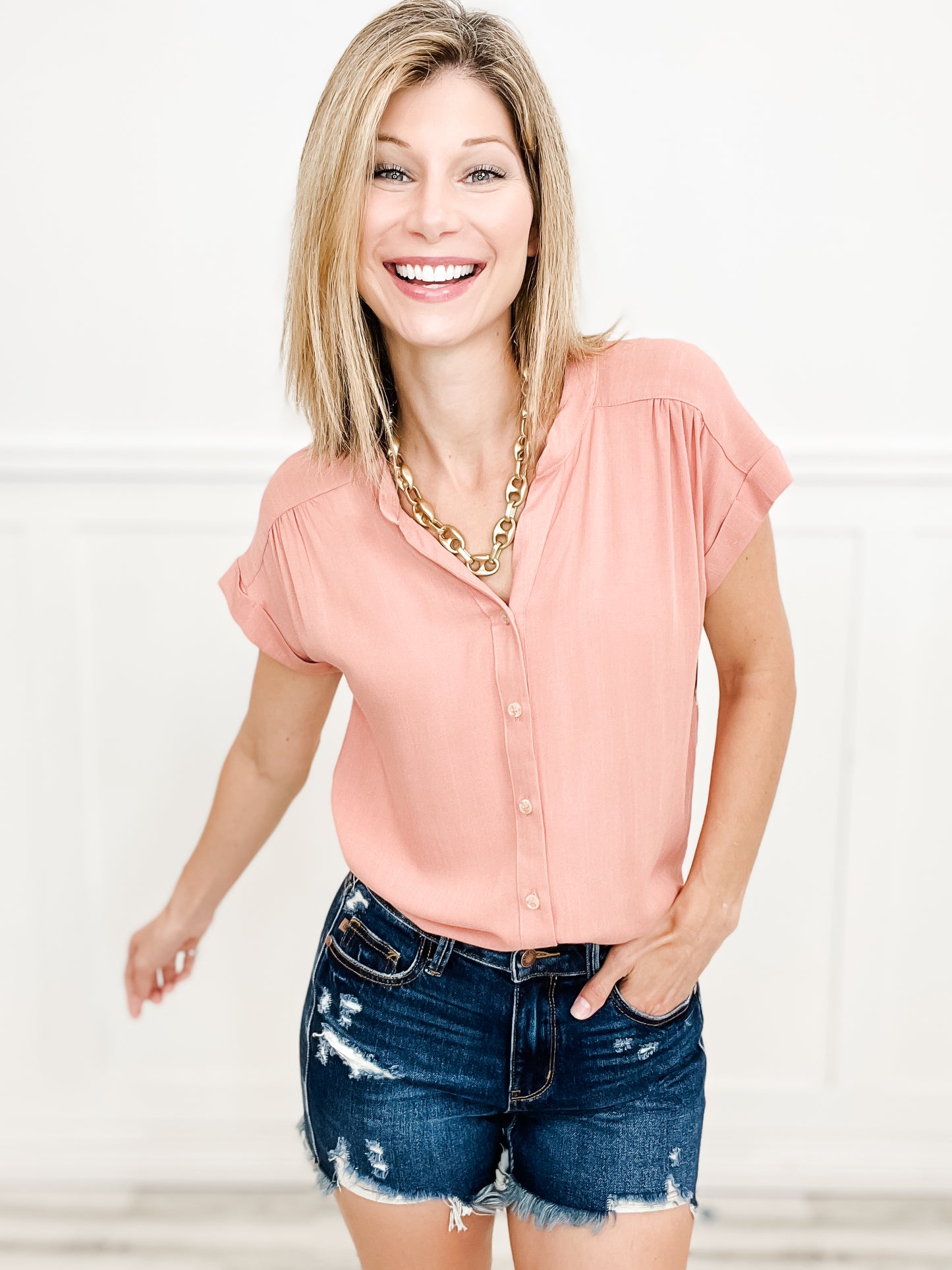 Lose Control Short Roll Sleeve Button Down Top